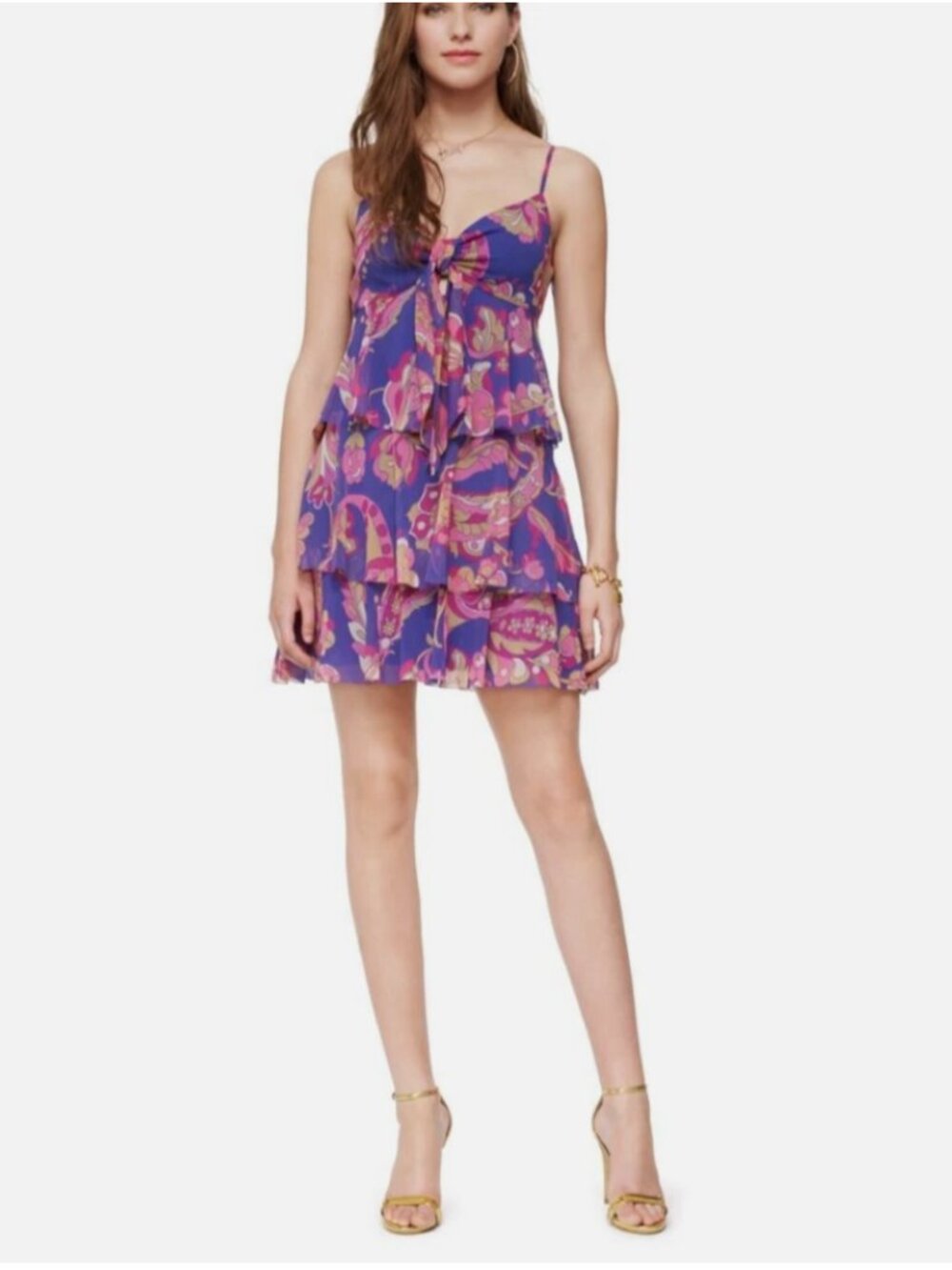 Juicy Couture Tiered Purple Floral Print Slip Dress Pink Gold Pattern Beach XS 0